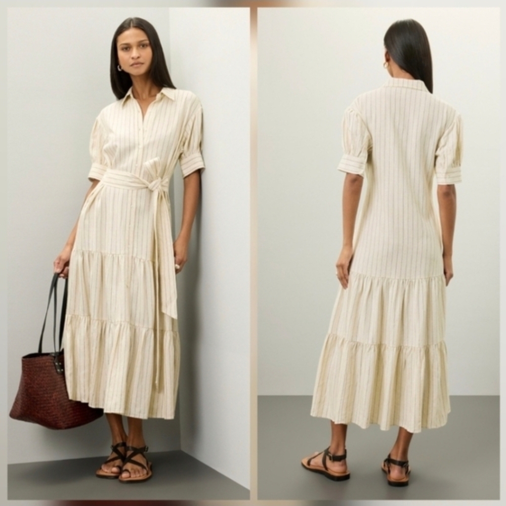 Marissa Webb Tie Waist Linen Dress Off White Casual Collared Neck Short Sleeve